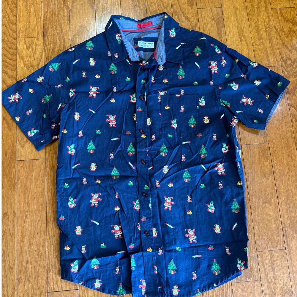 Eighth Avenue Mens Christmas Button Down Shirt Navy Blue Santa Snowman Large